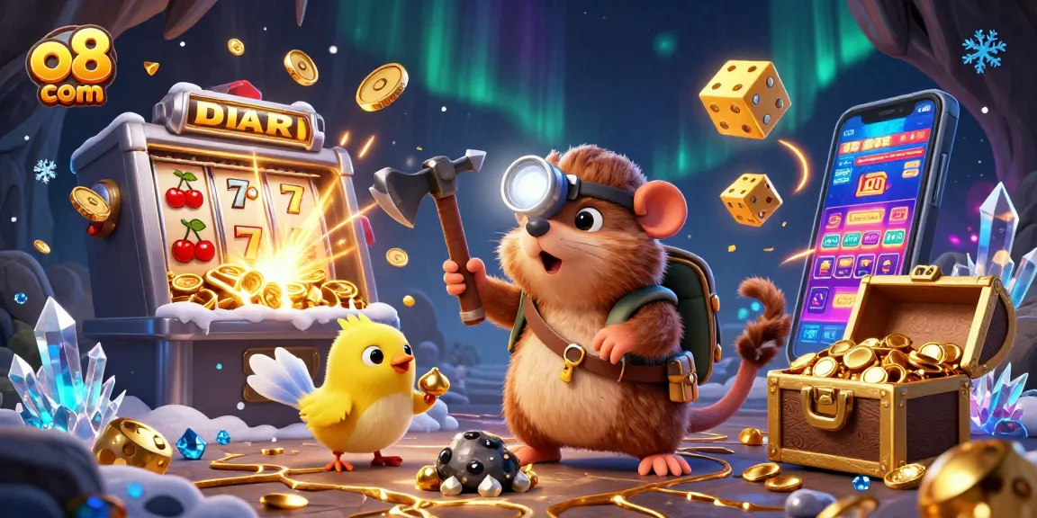 Win big at o8 com with this vibrant casino-themed illustration featuring a treasure hunter and classic gaming elements.