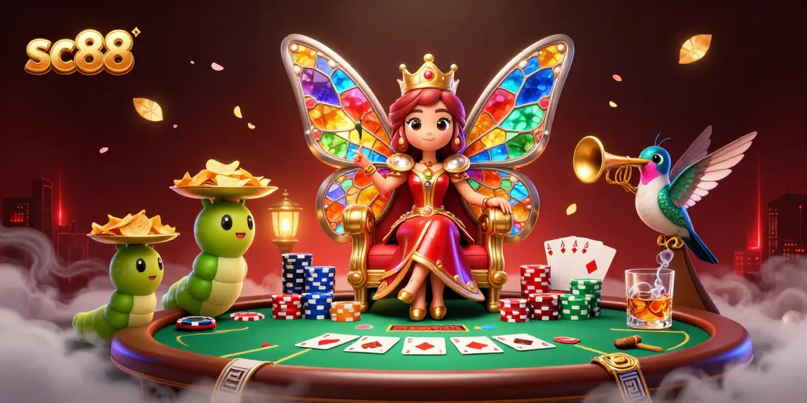 Engage with sc88's thrilling poker gameplay, illustrated with vibrant characters and elements.