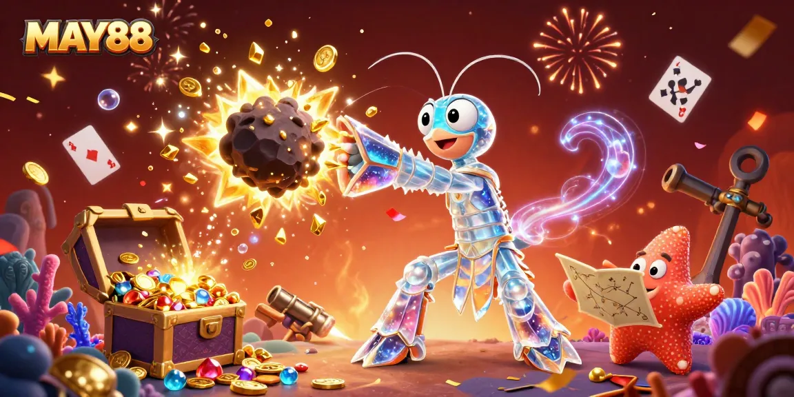 MAY88 showcases a vibrant 3D scene of a galactic samurai and starfish as they uncover hidden treasures.