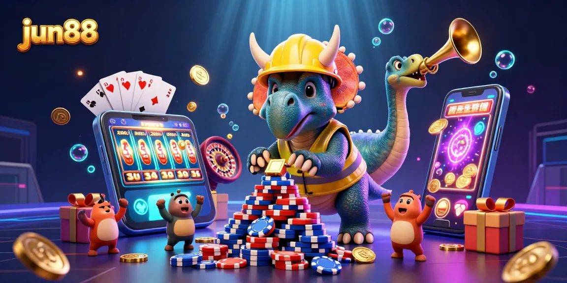 Experience the excitement of jun88 casino games with vibrant slot reels and joyful characters celebrating wins.