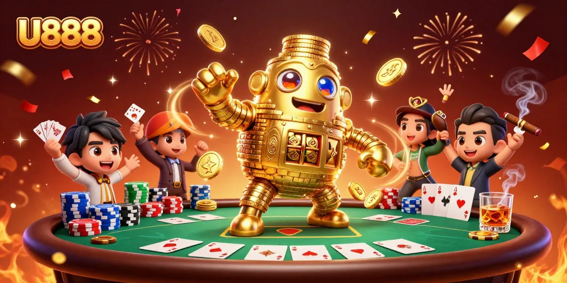 Experience thrilling gameplay at U888, featuring a golden golem amidst vibrant casino elements.