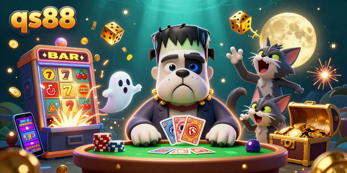 Experience thrilling qs88 gameplay with a whimsical 3D casino scene of characters and vibrant elements.