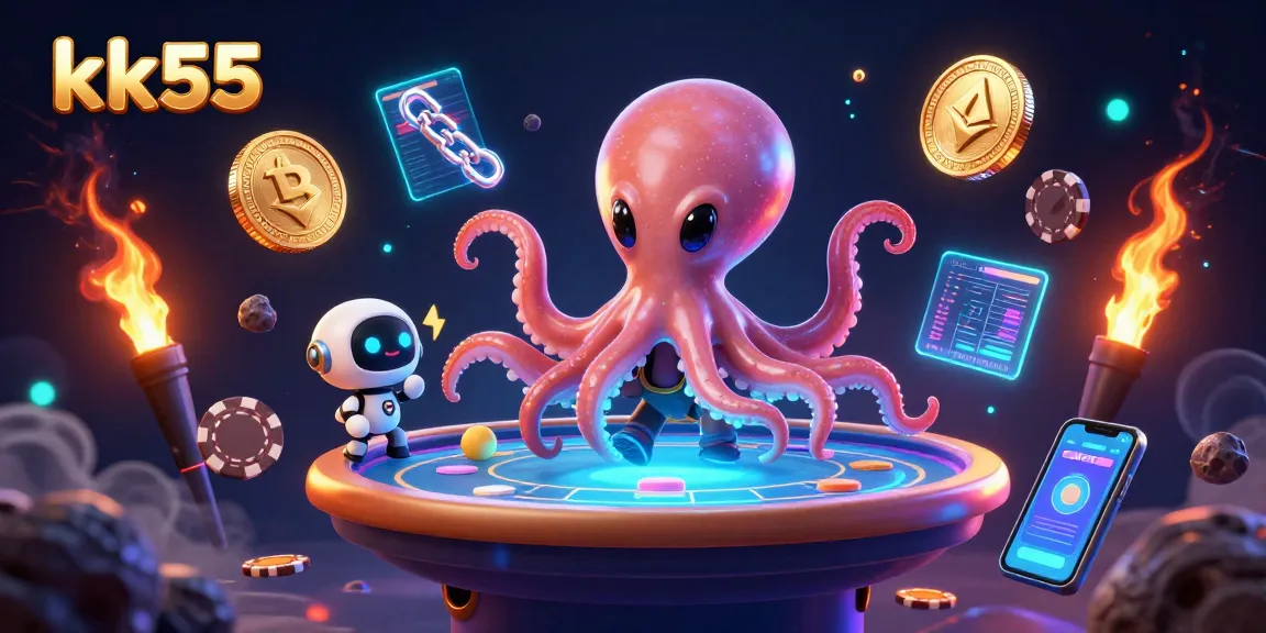 kk55 showcases a thrilling alien octopus at a holographic poker table, enhancing your gaming experience.